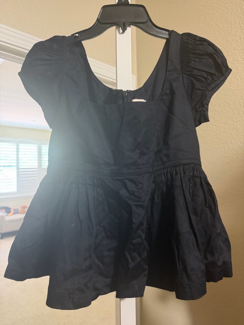 REBECCA TAYLOR Black Puff Sleeve Peplum Top - Size S - Square Neck Cotton